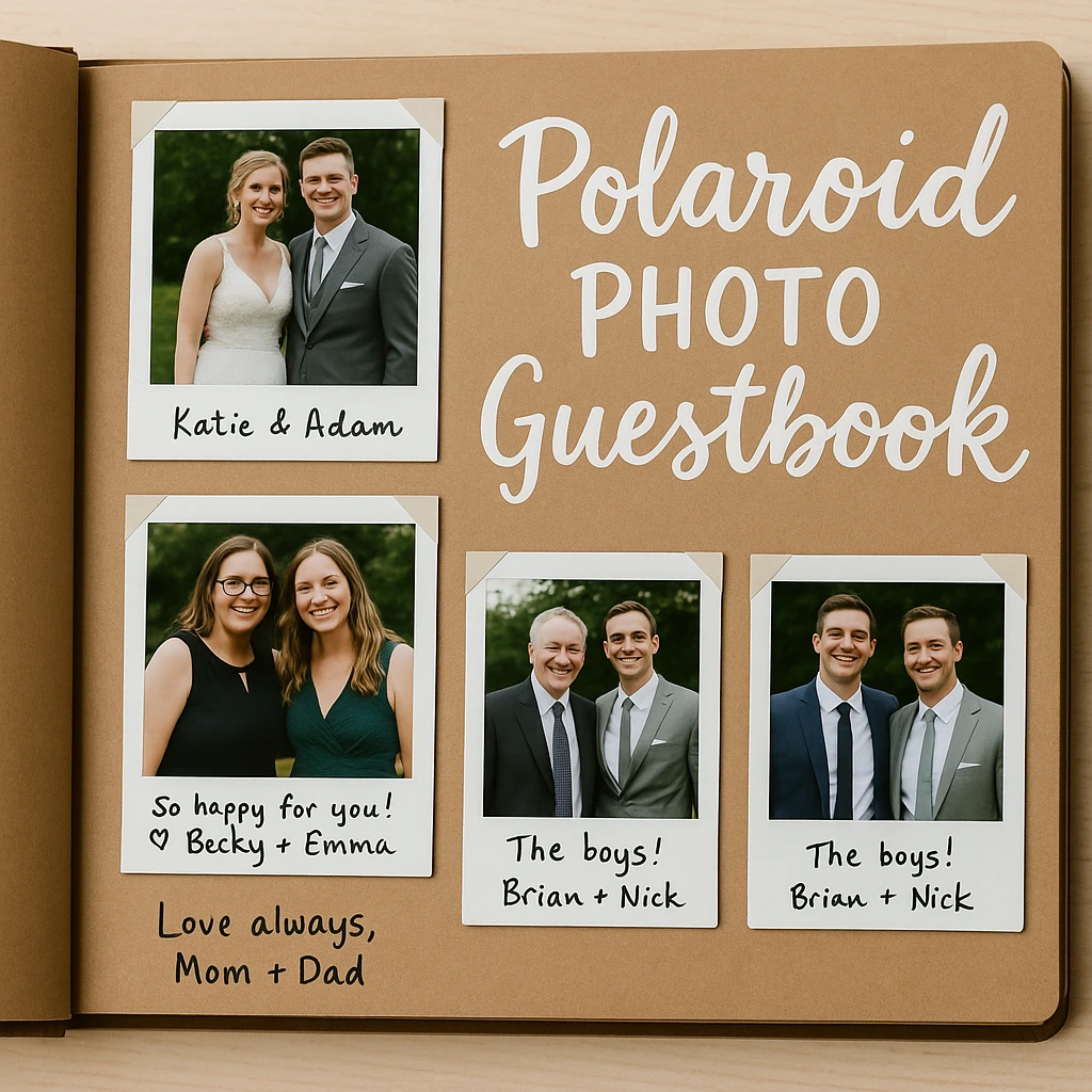 A rustic wedding guestbook album filled with Polaroid photos and handwritten messages, showcasing a creative twist on traditional wedding guestbooks as couples reimagine timeless wedding traditions into interactive keepsakes.